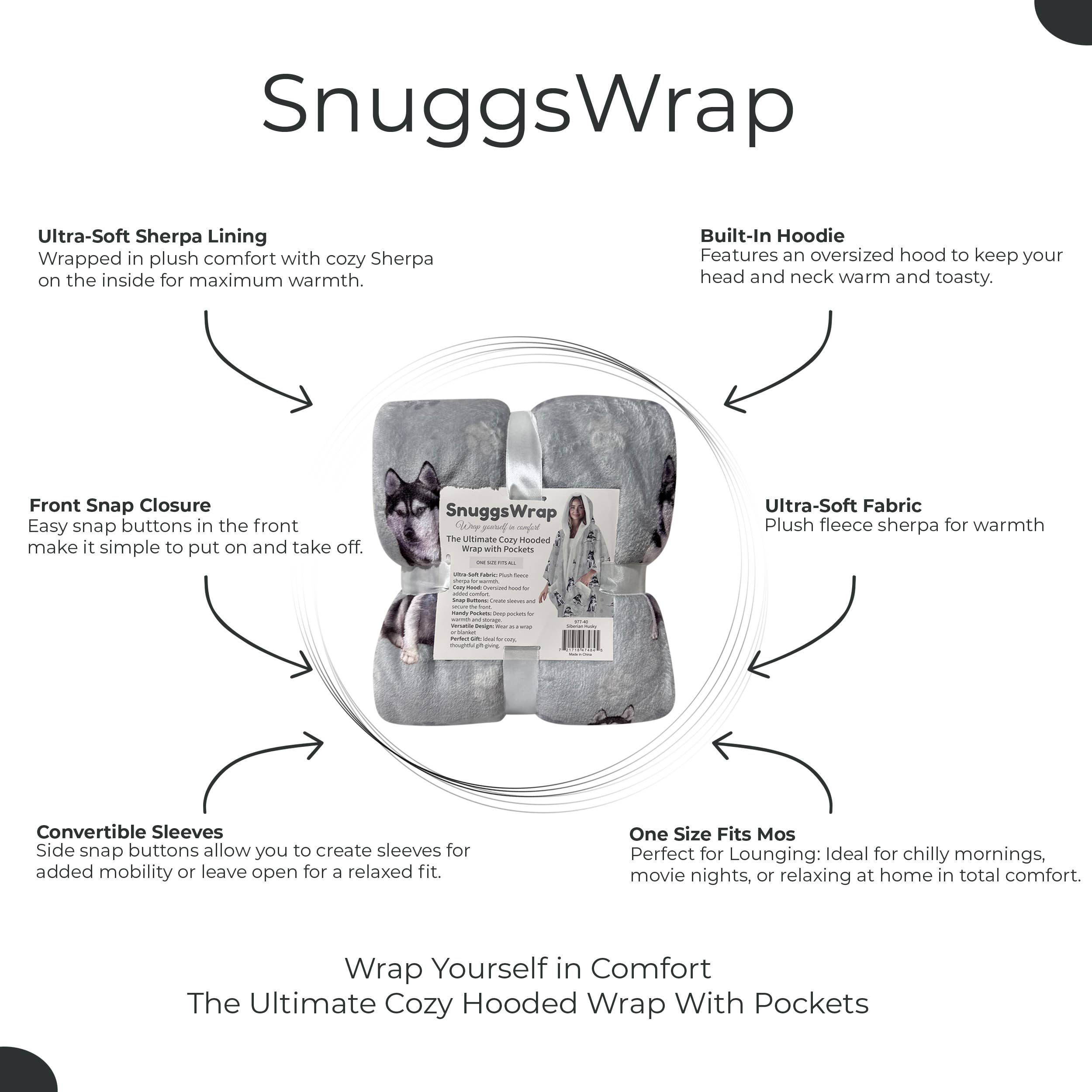 E&S Pets – wholesale Hoodie – Unisex – Siberian Husky Snugg Wraps with Hoodie – Ultra Soft Sherpa Fleece Wrap for Pet Lovers4