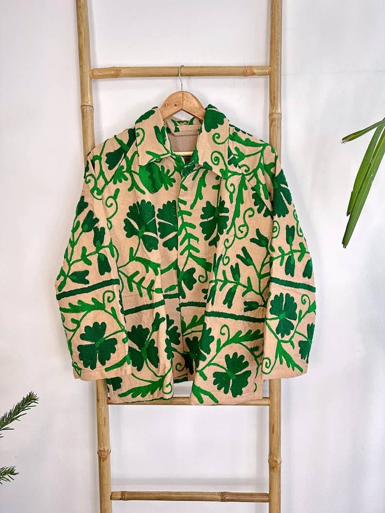 Essential Designs London – wholesale Jacket – Women's – Suzani Hand Embroidered Unisex Bolero Short Jacket Spring Boho Gypsy Kashmir Crewel Special Love Gift | Quirky Cafe Beige Green Floral Leaf4
