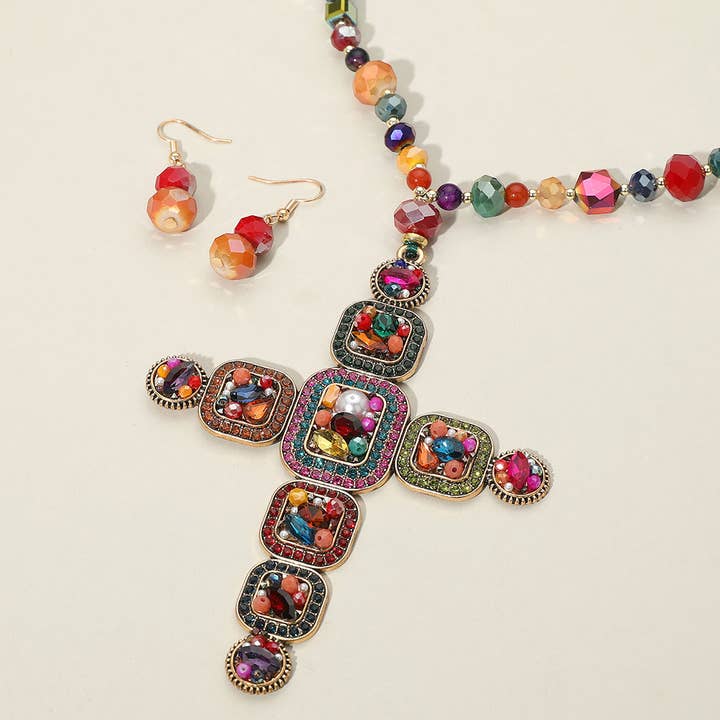 Stone Pearl Embellished Cluster Cross Pendant Faceted Beaded Long Necklace for wholesale by Sensibling Corp.