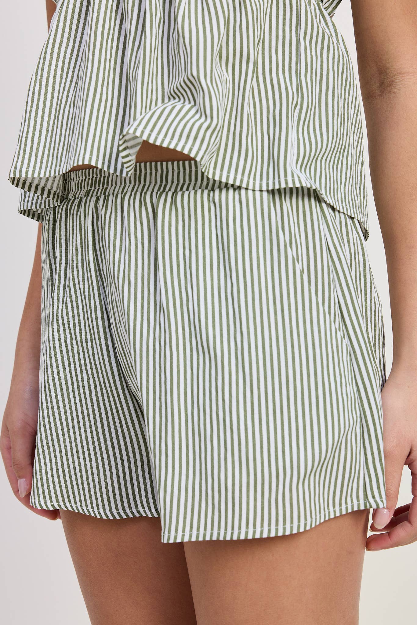 SAGE GREEN MULTI STRIPED SHORTS WITH ELASTIC WAISTBAND for wholesale on Faire1