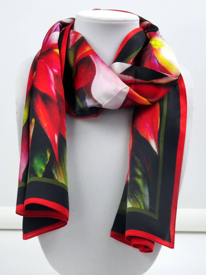 Poinsettia Silk Scarf - Holiday Red Silk Scarf - Satin for wholesale by Silk Squirrel