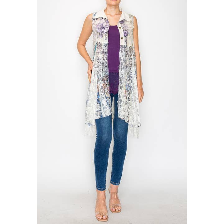 FAUX SUEDE CROPPED VEST WITH LONG LACE LAYER--4524IV-BIRD for wholesale by Origami Apparel ~ Lace and Crochet inspired