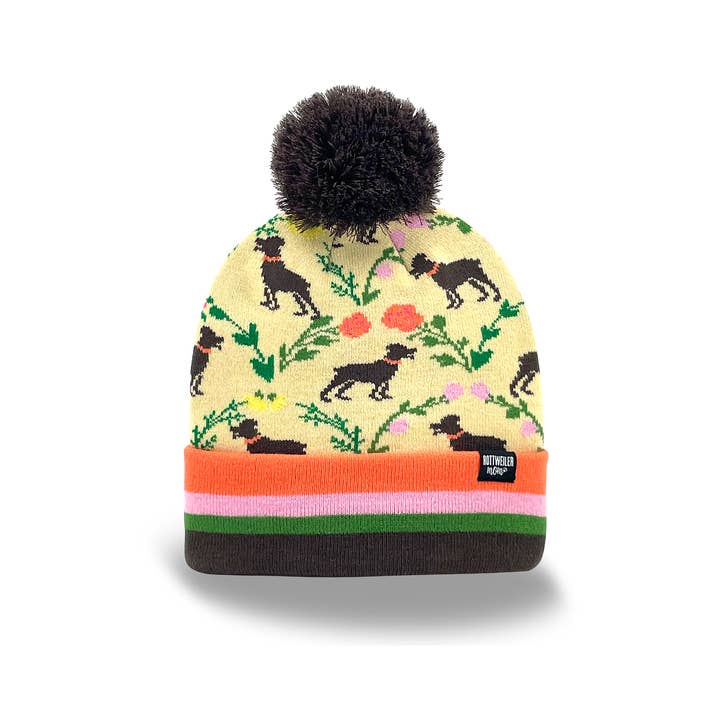 Farverig Rottweiler Hund Strikket Beanie med Pom Pom, Mode Vinterhue for engroshandel hos Northern Icons Creations INC