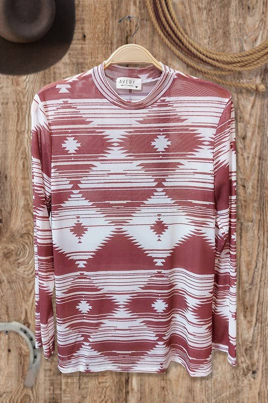 MOCHA AV1230-JOEY GEO PRINT MOCK NECK MESH TOP for wholesale on Faire1