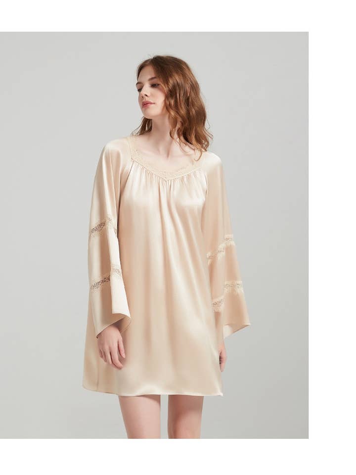 Champagne Gold SaySilkâ„¢ 19 Momme Luxury Silk Long Sleeve Sleepwear Dress for wholesale on Faire