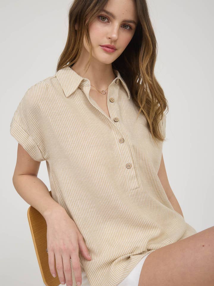 Blu Pepper - Wholesale Blouse - Women's - STRIPE HALF BUTTON COLLARED SHORT SLEEVE SHIRT