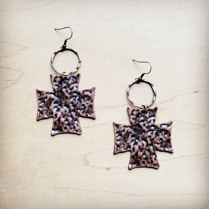 Hammered Copper Cross Earrings 220p for wholesale by The Jewelry Junkie