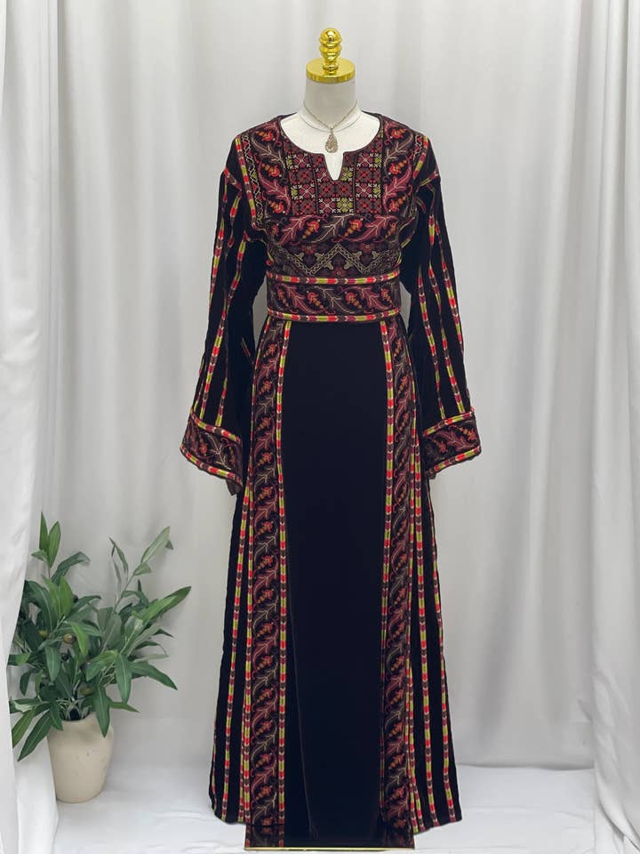 Sultana Embroidered Brown Velvet Thobe for wholesale by Palestinian Elegance