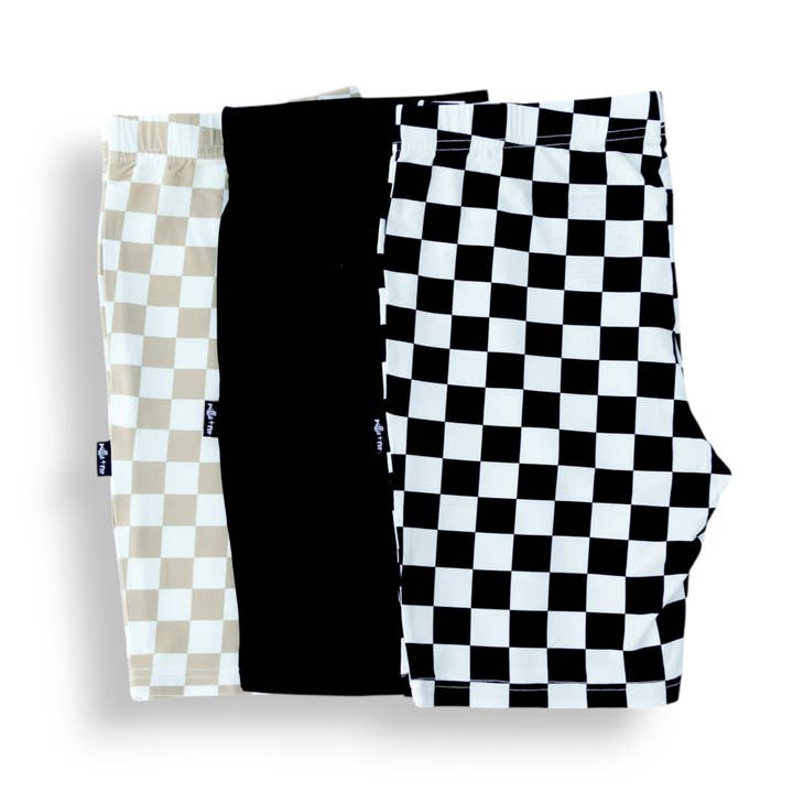 millie + roo LLC - Wholesale Athletic Shorts - Women's - BIKER SHORTS- 3 Pack- B+W Check, Tan Check + Midnight1
