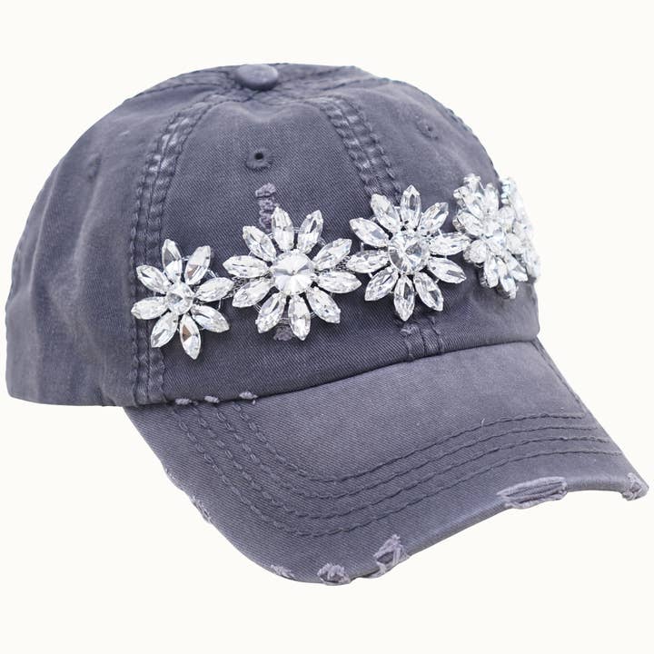 Olive & Pique - Wholesale Baseball Cap - Women's - Floral Bejeweled Bling Glitz Distressed Cap, Adjustable1