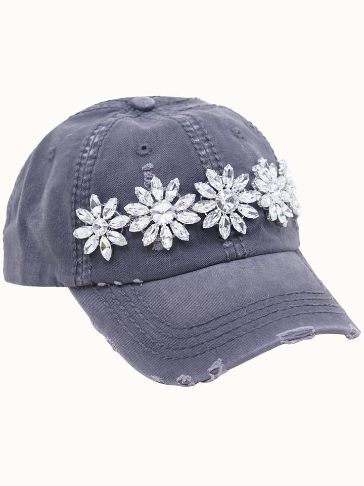 Floral Bejeweled Bling Glitz Distressed Cap, Adjustable for wholesale by Olive & Pique