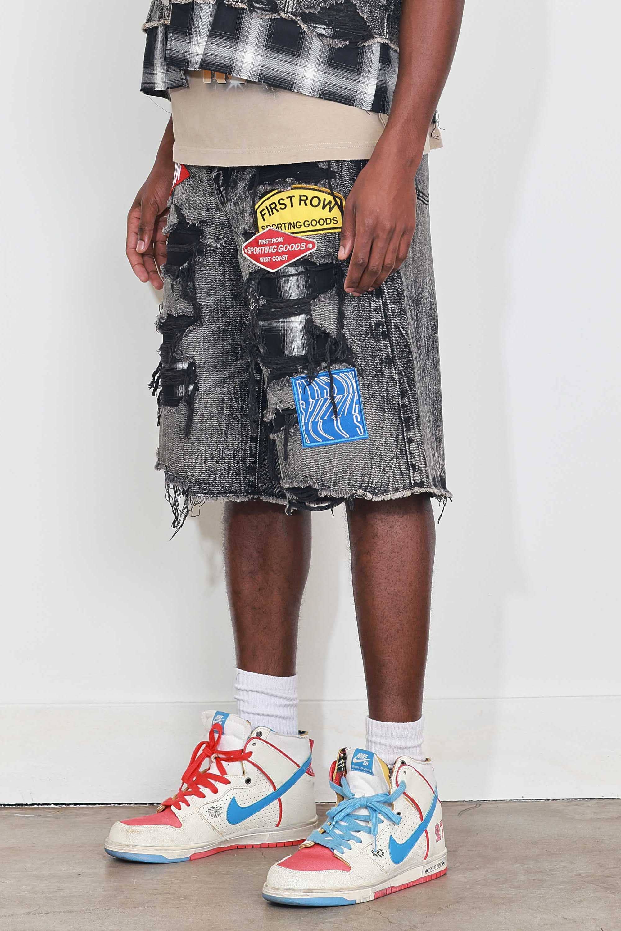 Black Stone PATCHES CUT OFF PLAID DENIM JORTS for wholesale on Faire1