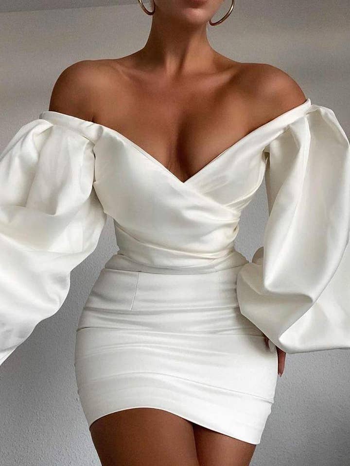 solid lantern sleeve vneck mini dress for wholesale by Queen Fashion