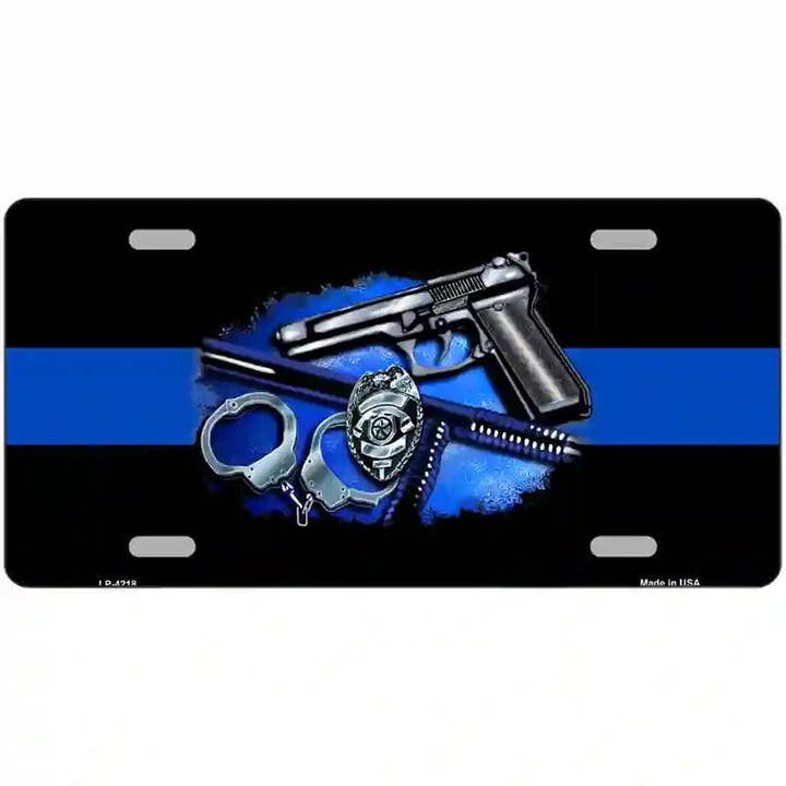 Thin Blue Line Badge Metal Novelty License Plate for wholesale by Smart Blonde