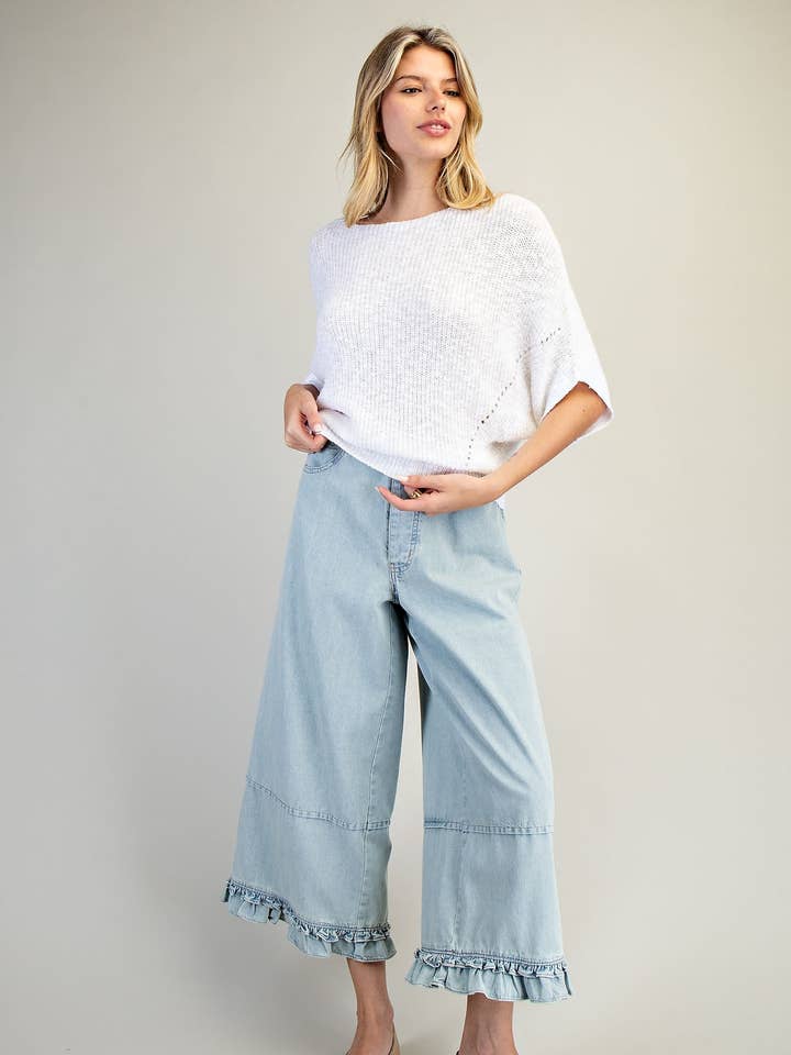 PM1405 - MINERAL WASHED RUFFLE BOTTOM PANTS for wholesale by Peace Love Line