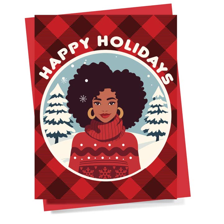 Soular Powered - Vente Cartes de Noël - Carte de Noël afro-américaine/Buffalo Plaid (femme)