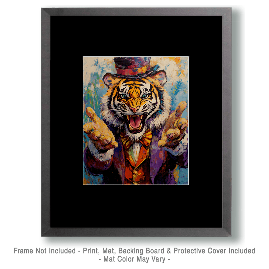 Mowbi – wholesale Art print – Tiger Ringmaster Welcomes - Animal Circus Clowns Wall Art Prints – 8″x10″ Artwork for 11″x14″ Frame1