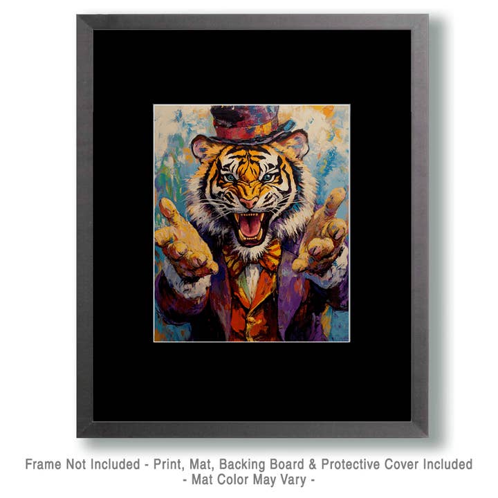 Mowbi – wholesale Art print – Tiger Ringmaster Welcomes - Animal Circus Clowns Wall Art Prints – 8″x10″ Artwork for 11″x14″ Frame1