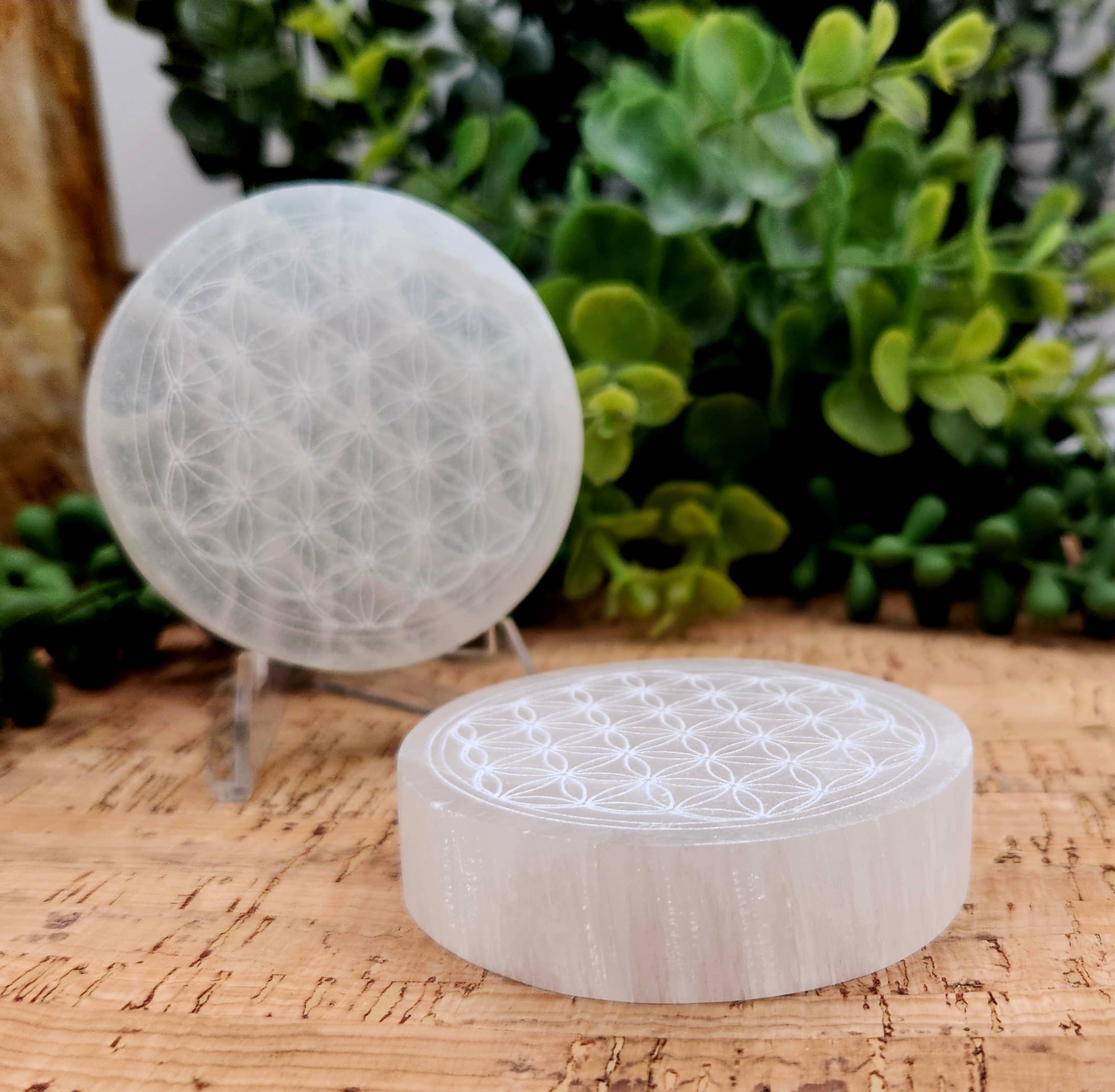 Meraki Gemstones - Wholesale Spiritual Stone/Crystal - Selenite Charging Plate/Coaster Round - Flower of Life 6-7cm1
