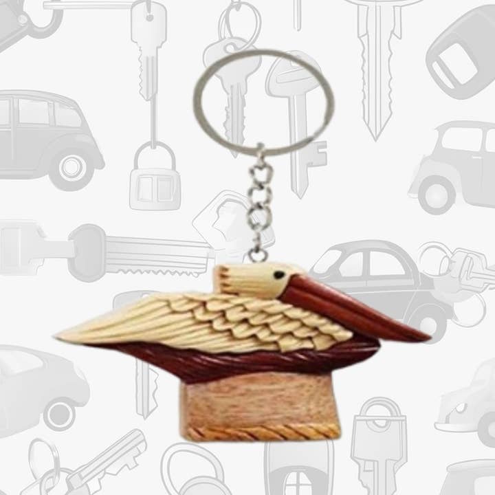 Pelican Keychain - Handcrafted from recycled hardwoods for wholesale by Paradigm Imports