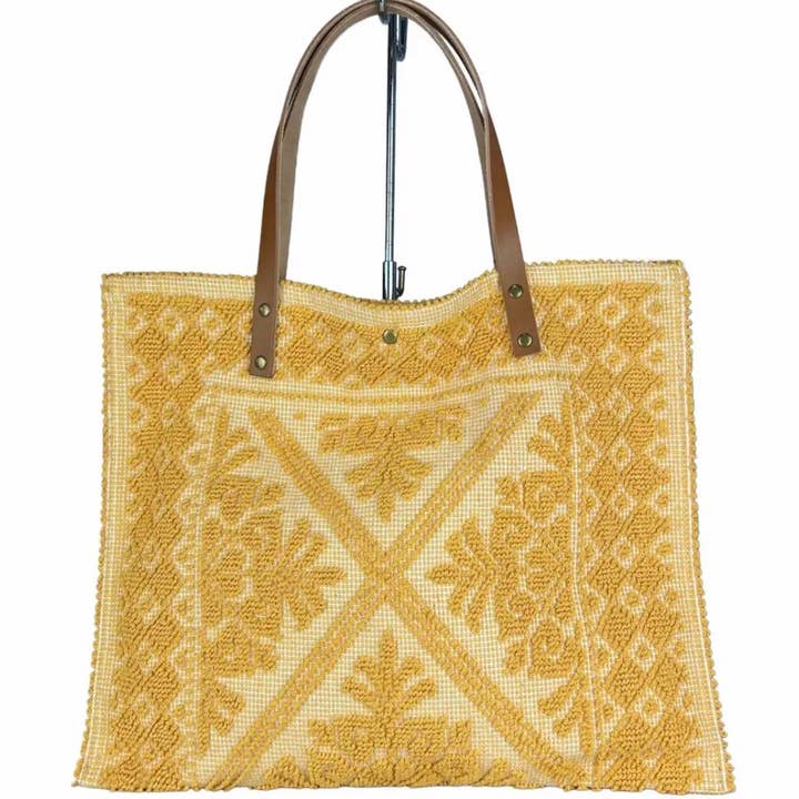 JIJOU CAPRI - Wholesale Tote Bag - Women's - MICA Canvas Woven Pattern Large Tote Bag Leather Strap