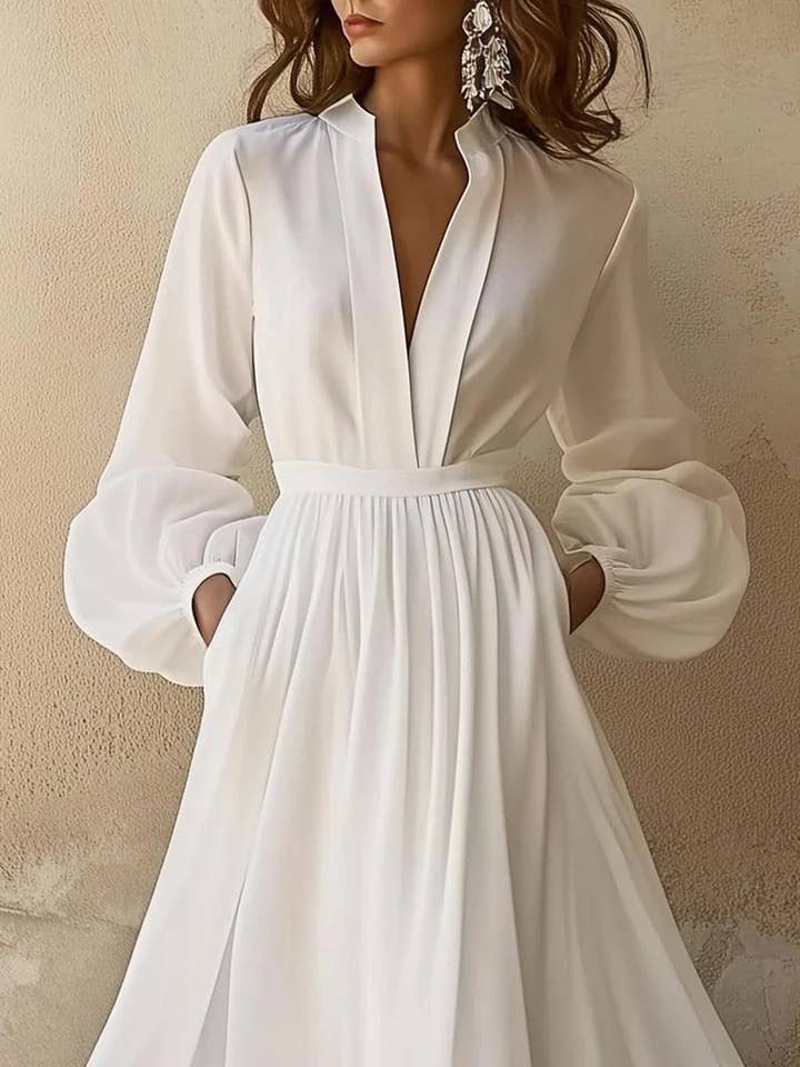 BLANC Robe longue plissée élégante à manches longues en vente sur Faire3