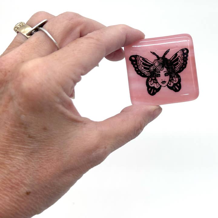 Butterfly Tattoo Handmade Fused Glass 1.75" Magnet for wholesale by Kiku Handmade | Contemporary Fused Glass Home Goods