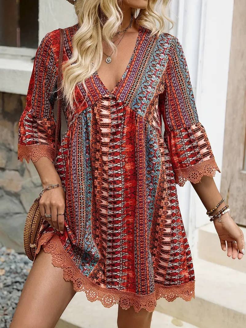 Rosa Clothing - Wholesale Dress - Women's - Bohemian Chic V-Neck Striped Print Lace Trim Dress1