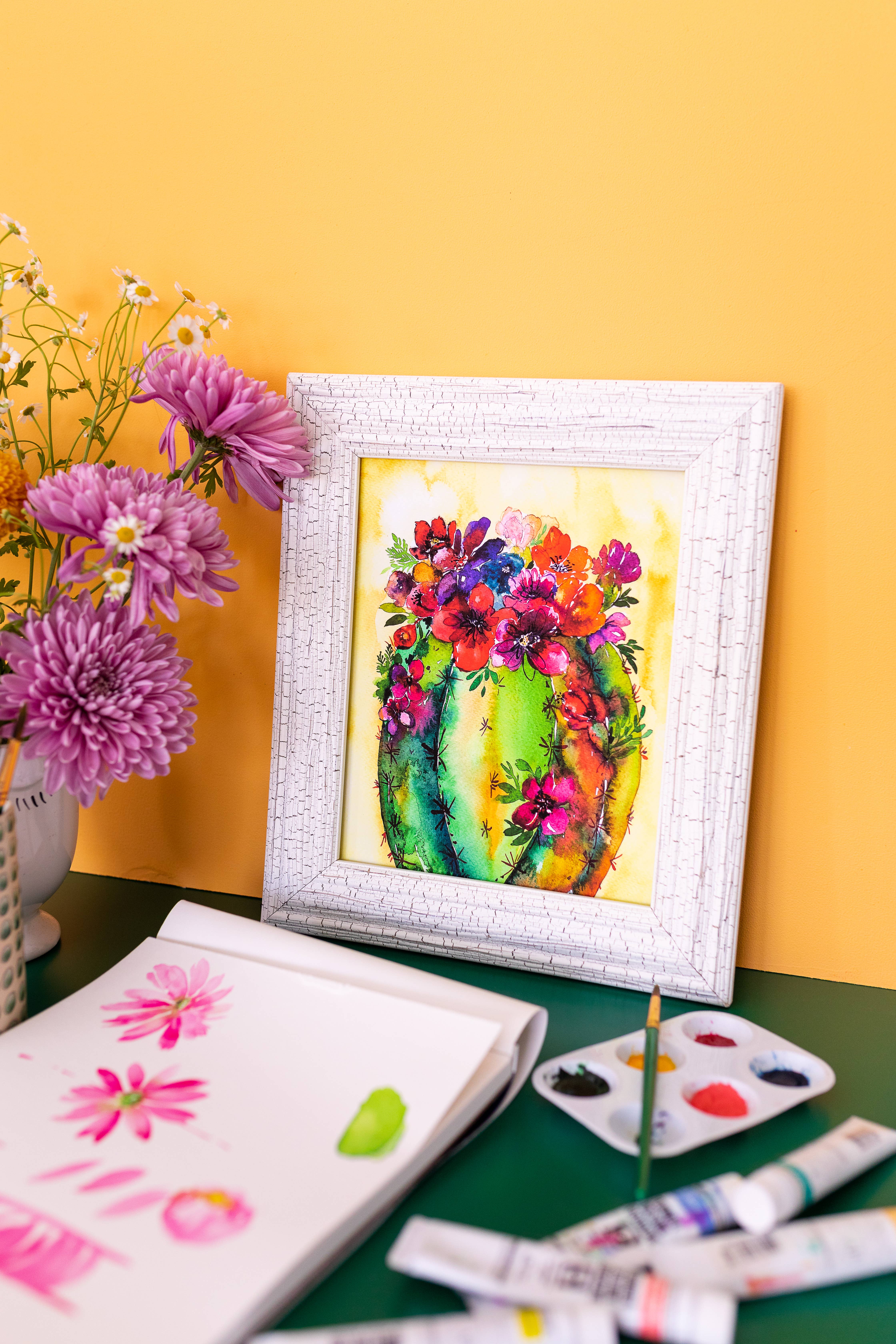 Pink Puddle Studio – Impressão artística por atacado – Impressão Artística de Cacto Barril Colorido com Flores2