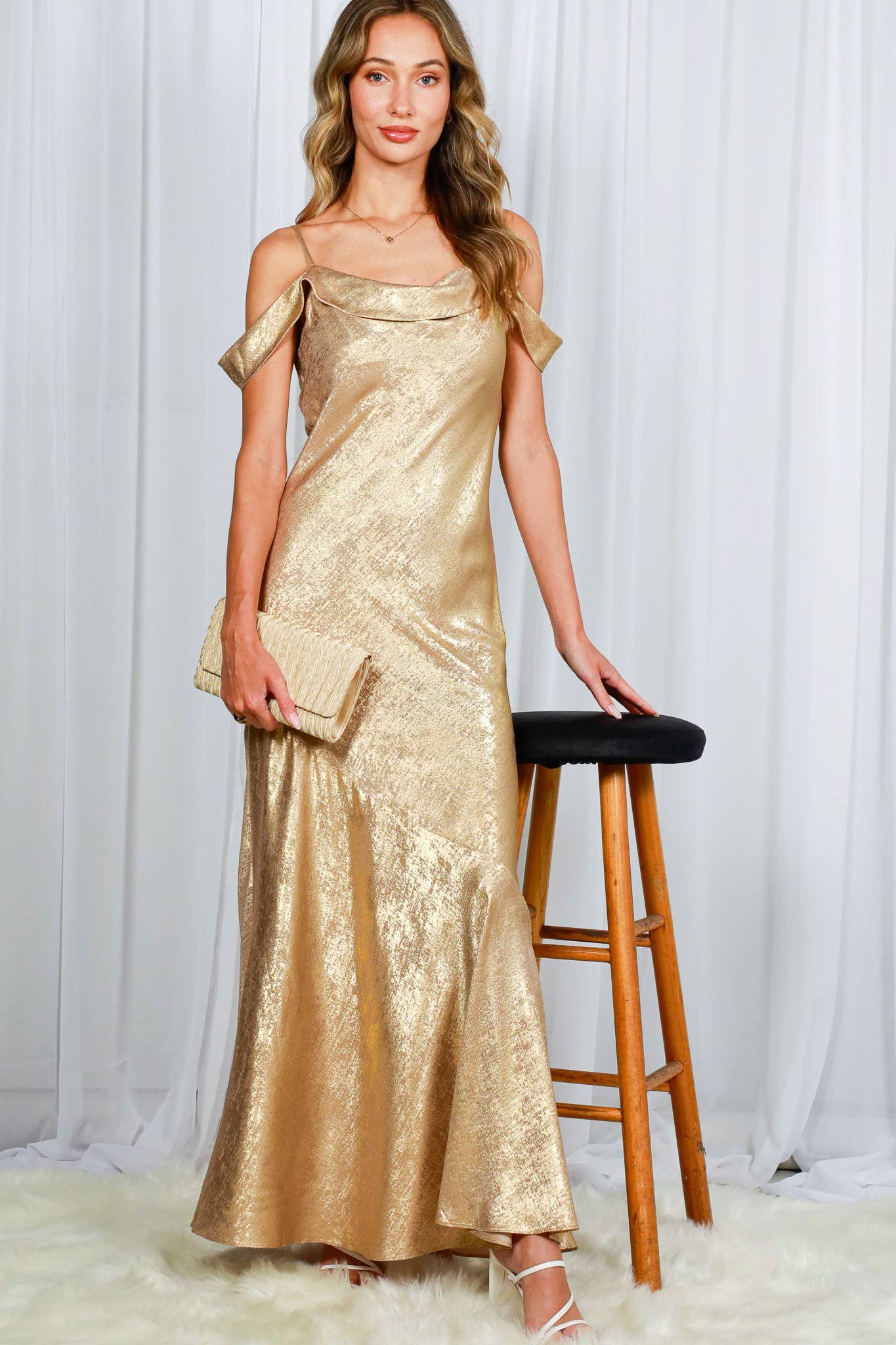 Gold Off-The-Shoulder Strap Detail Metallic Maxi Dress VD82369 for wholesale on Faire13