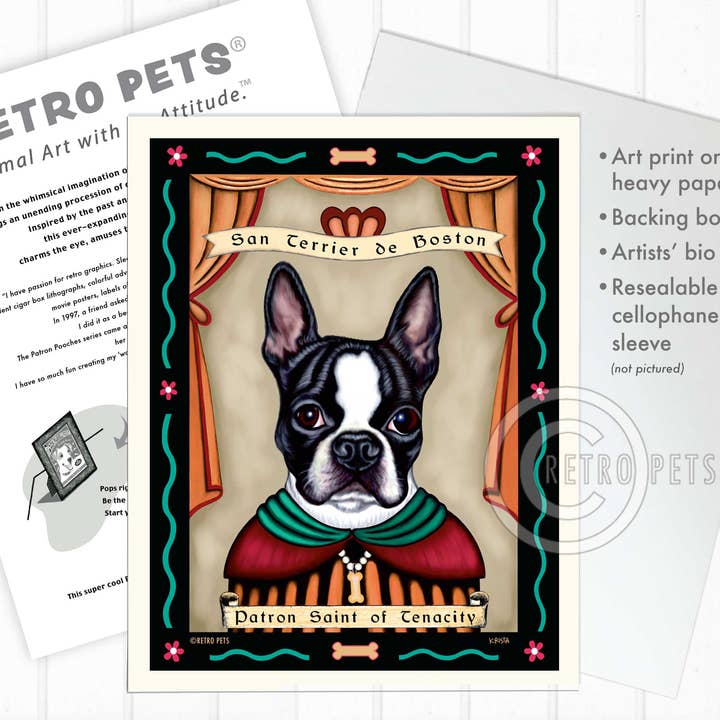 Retro Pets - Vendita all'ingrosso Stampa artistica - Stampa P-160 8x10, Boston Terrier «Terrier - Bianco e nero»