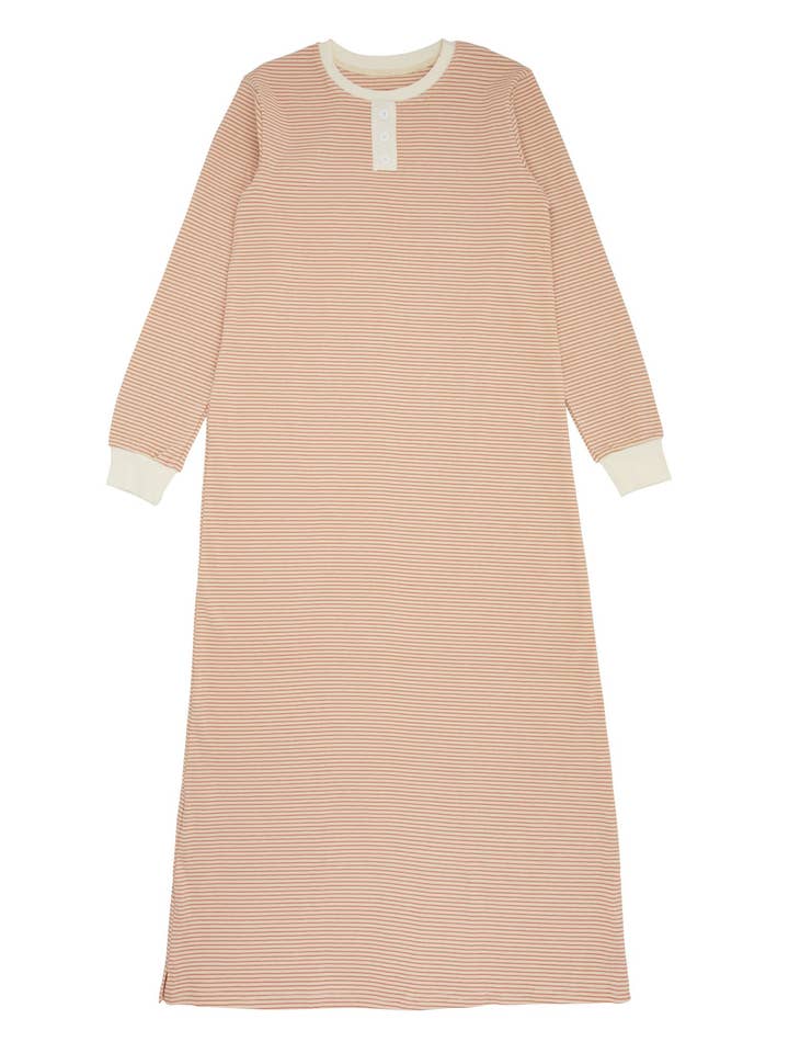 Shinu Child - Wholesale Nightdress – Kids - Peach & Cream Striped Mock Button Nightgown1