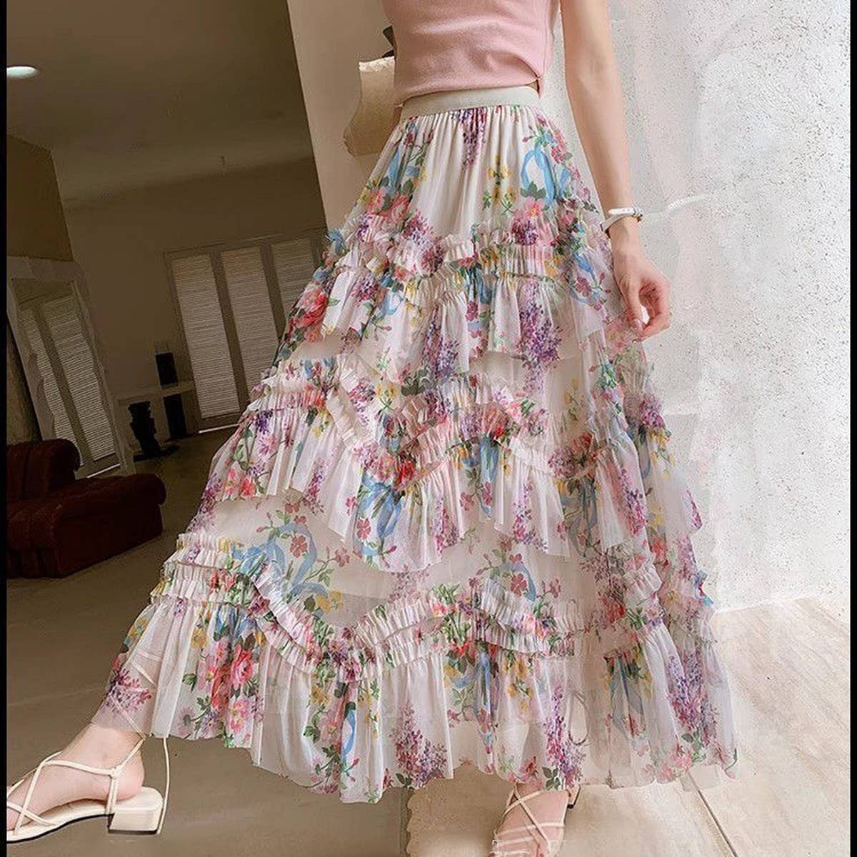 ACCITY - Wholesale Skirt - Women's - COLORFUL FLORAL MESH PRINT PLEATED TULLE SKIRT_CWBLS039925