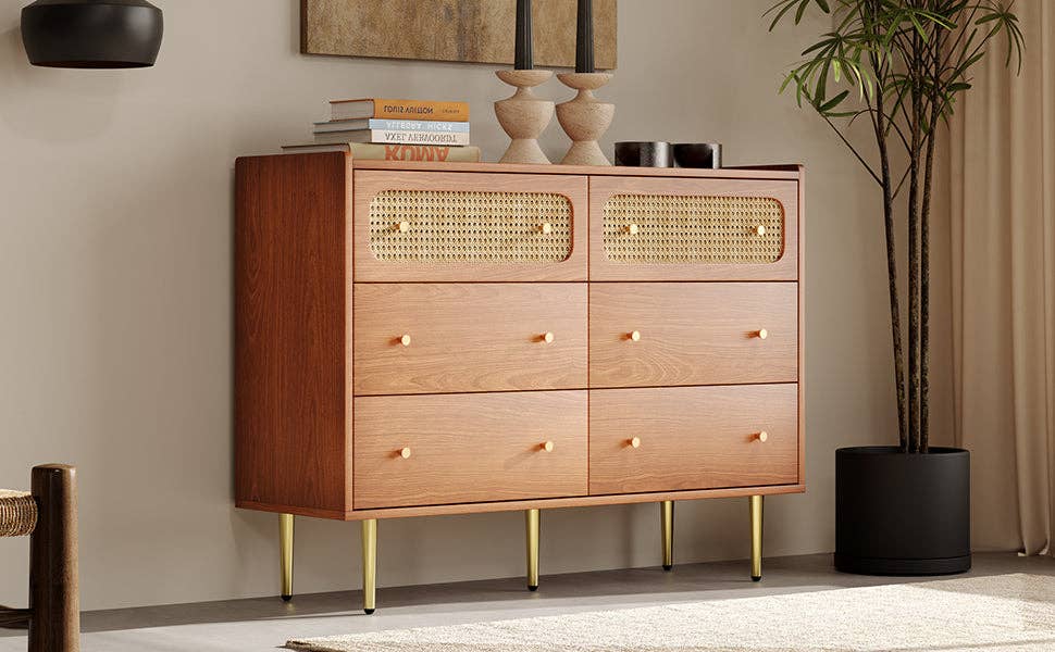 Urban Meuble - Wholesale Cabinet - Vintage sideboard with 6 rattan drawers, golden handles and legs, 120*90*40cm DELMO5