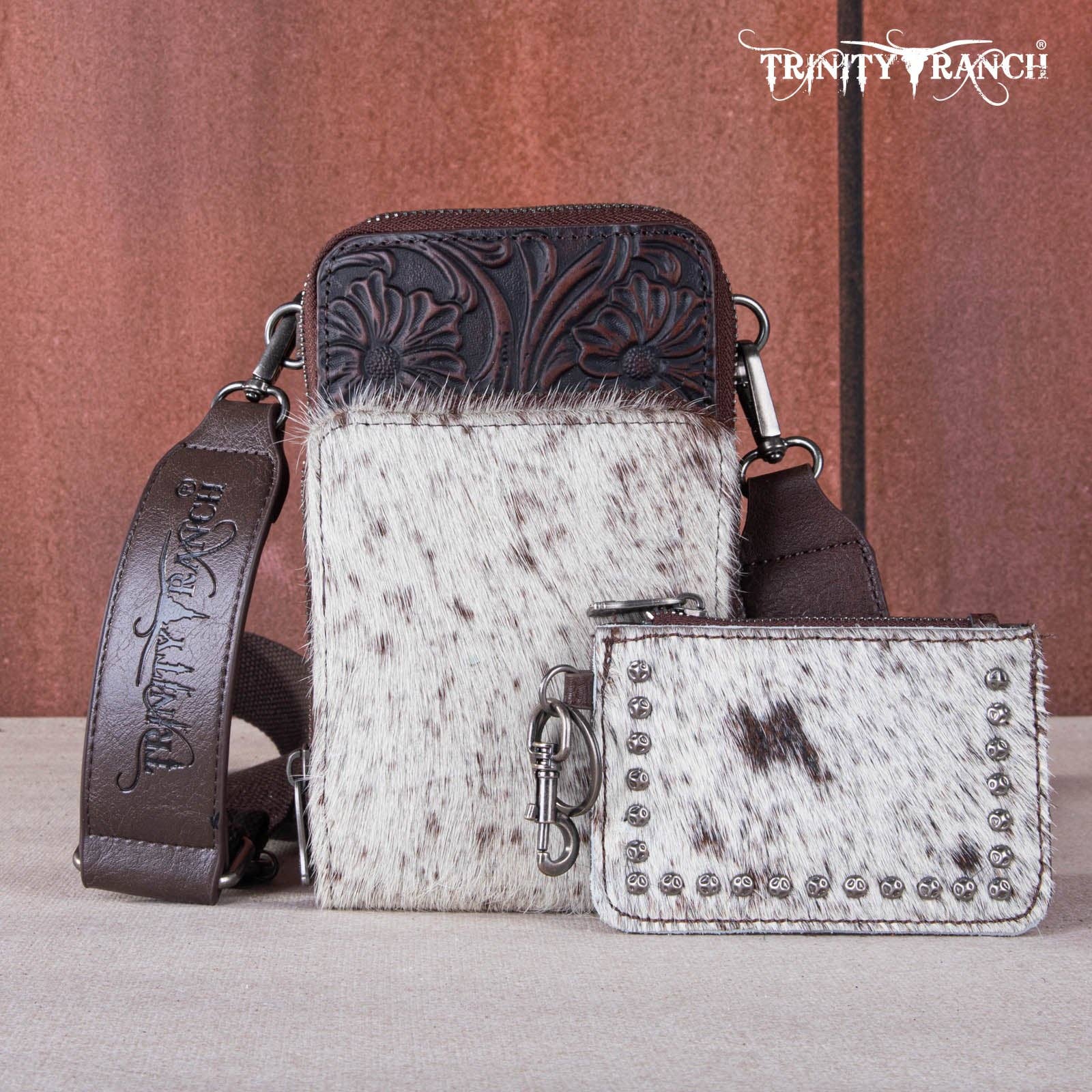 REMOVED BRAND - Wholesale Crossbody Bag - Women's - TR159 -183  Trinity Ranch Genuine Hair-On Cowhide /Tooled  Collection Phone Purse with Coin Pouch26