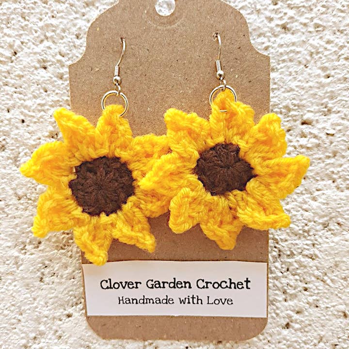 Sunflower Sun Flower Crochet Drop Earrings for wholesale by Clover Garden Crafts