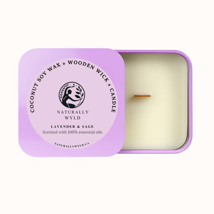 Naturally Wyld - Wholesale Jar/filled candle - Lavender + Sage Coconut Soy Wooden Wick Candle (8oz)