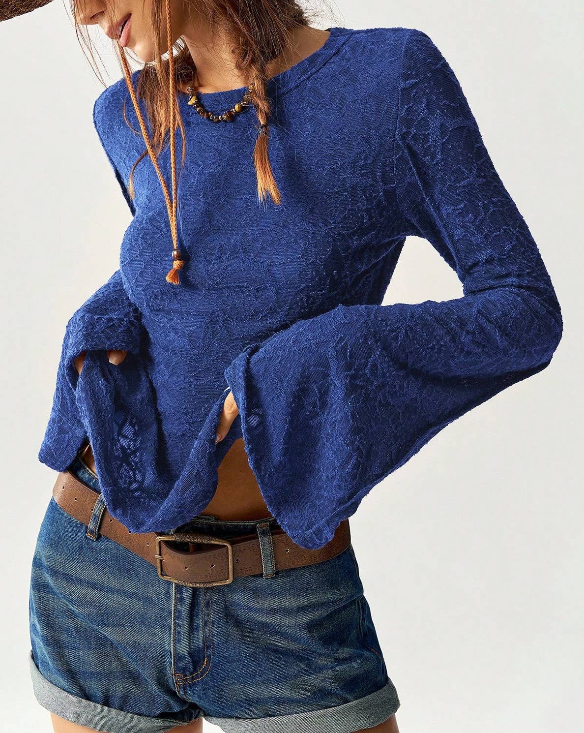 Rosa Clothing - Wholesale Blouse - Women's - Textured Crew Neck Flared Sleeves Blouse5