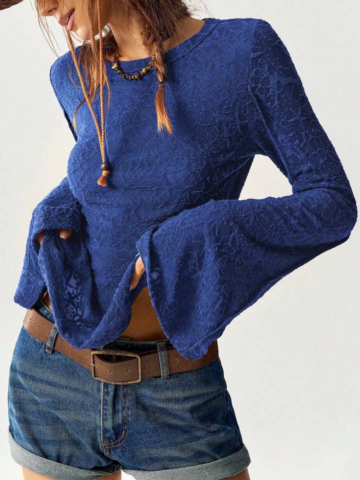 Rosa Clothing - Wholesale Blouse - Women's - Textured Crew Neck Flared Sleeves Blouse5