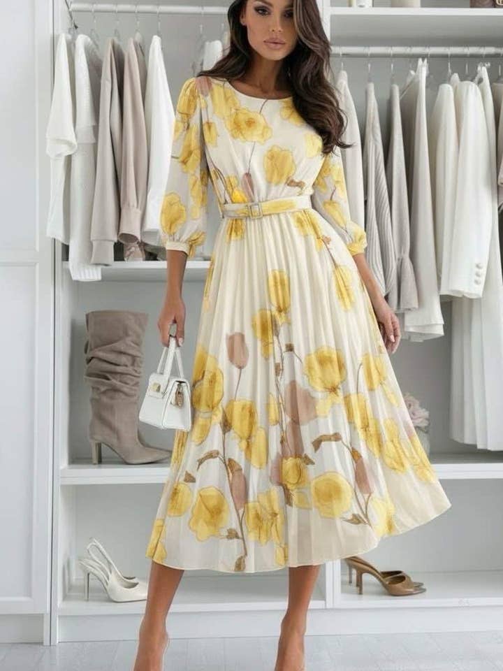 Lilian Floral Pleated Belted Chiffon Maxi Dress-Yellow for wholesale by Catwalk Wholesale