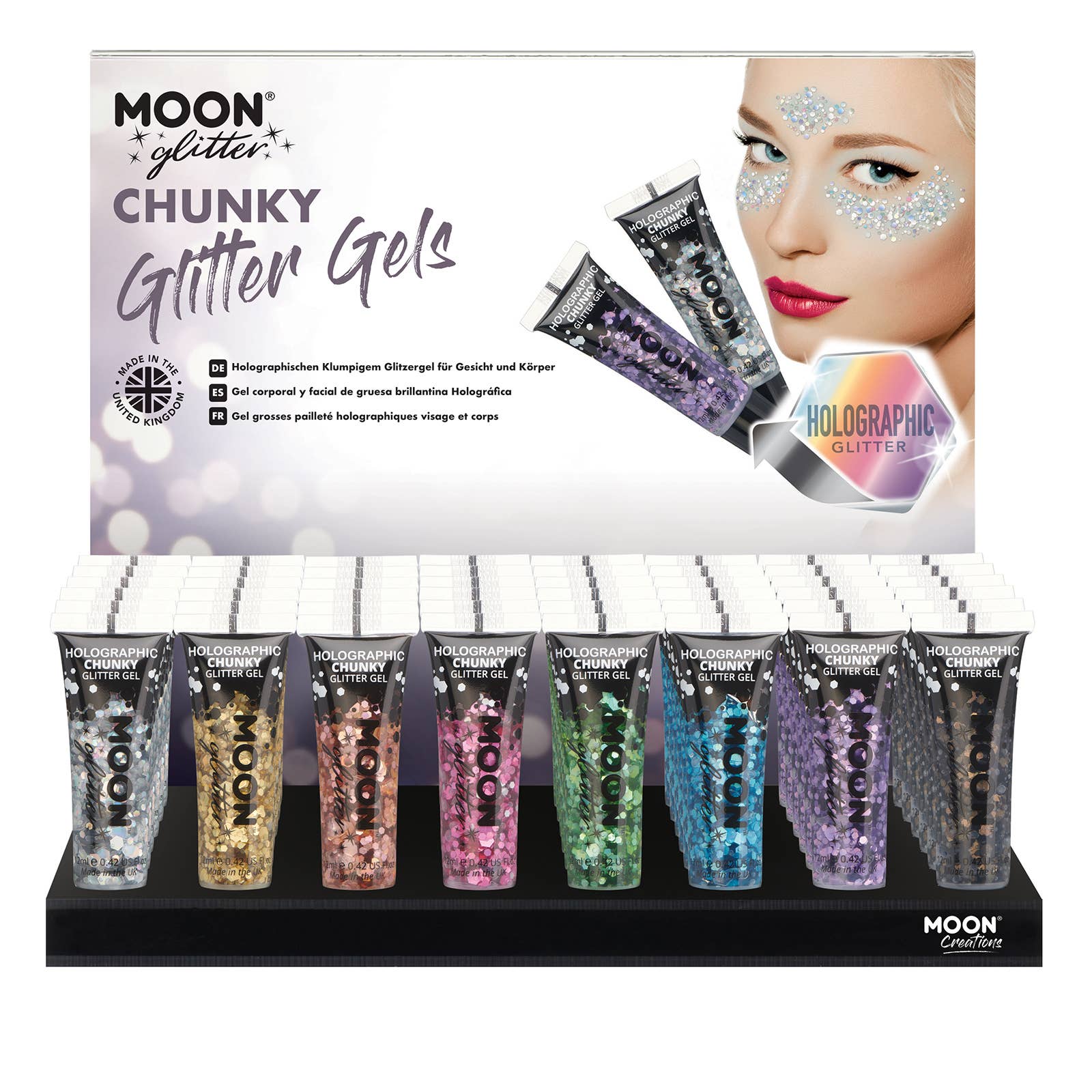 Moon Makeup - Wholesale Retailer Display - Beauty & Wellness - Holographic Chunky Glitter Gel 48 Full Display0