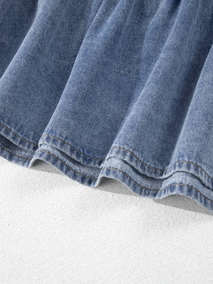 Dusk Blue Ruffled Collared Puff Sleeve Denim Mini Dress for wholesale on Faire19