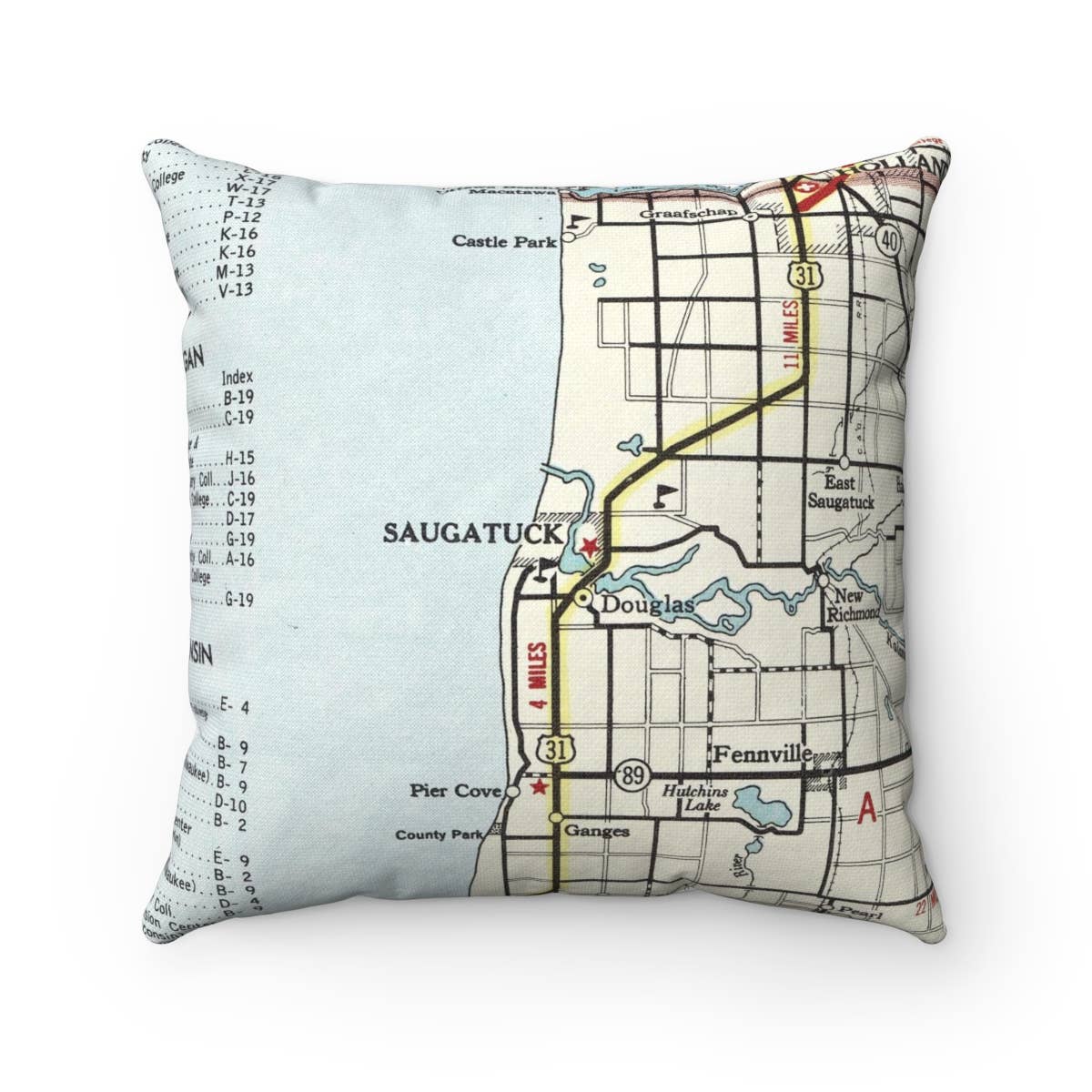 Daisy Mae Designs - Wholesale Throw/Decorative Pillow - Saugatuck Michigan Map Pillow – 18" Square Throw Pillow0