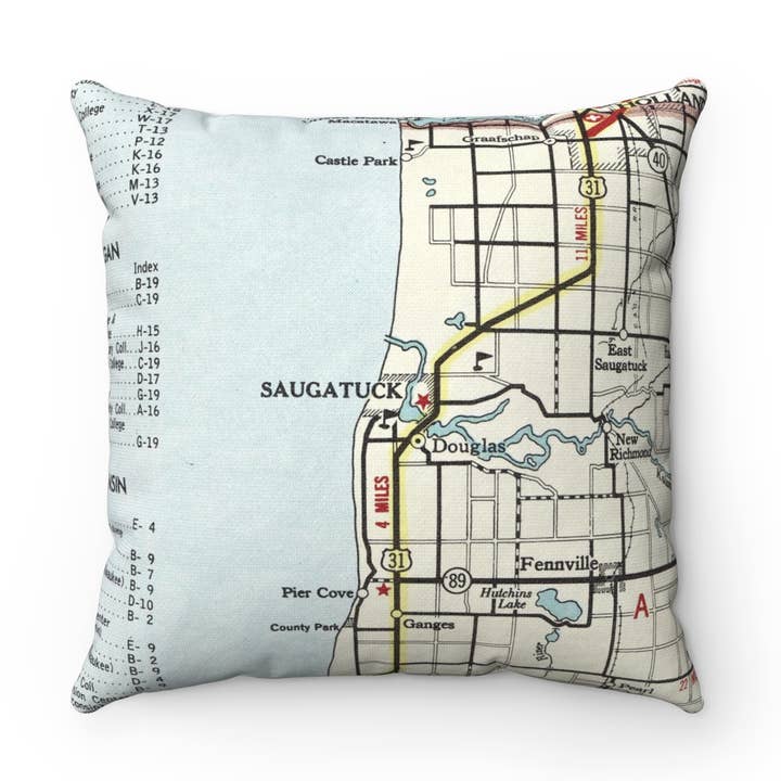 Daisy Mae Designs - Wholesale Throw/Decorative Pillow - Saugatuck Michigan Map Pillow – 18" Square Throw Pillow0