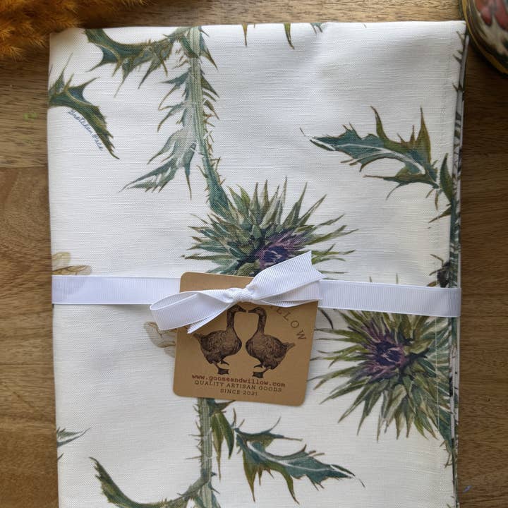Table Runner - Thistle with Bee Repeat on White Linen Cotton for wholesale by Goose and Willow