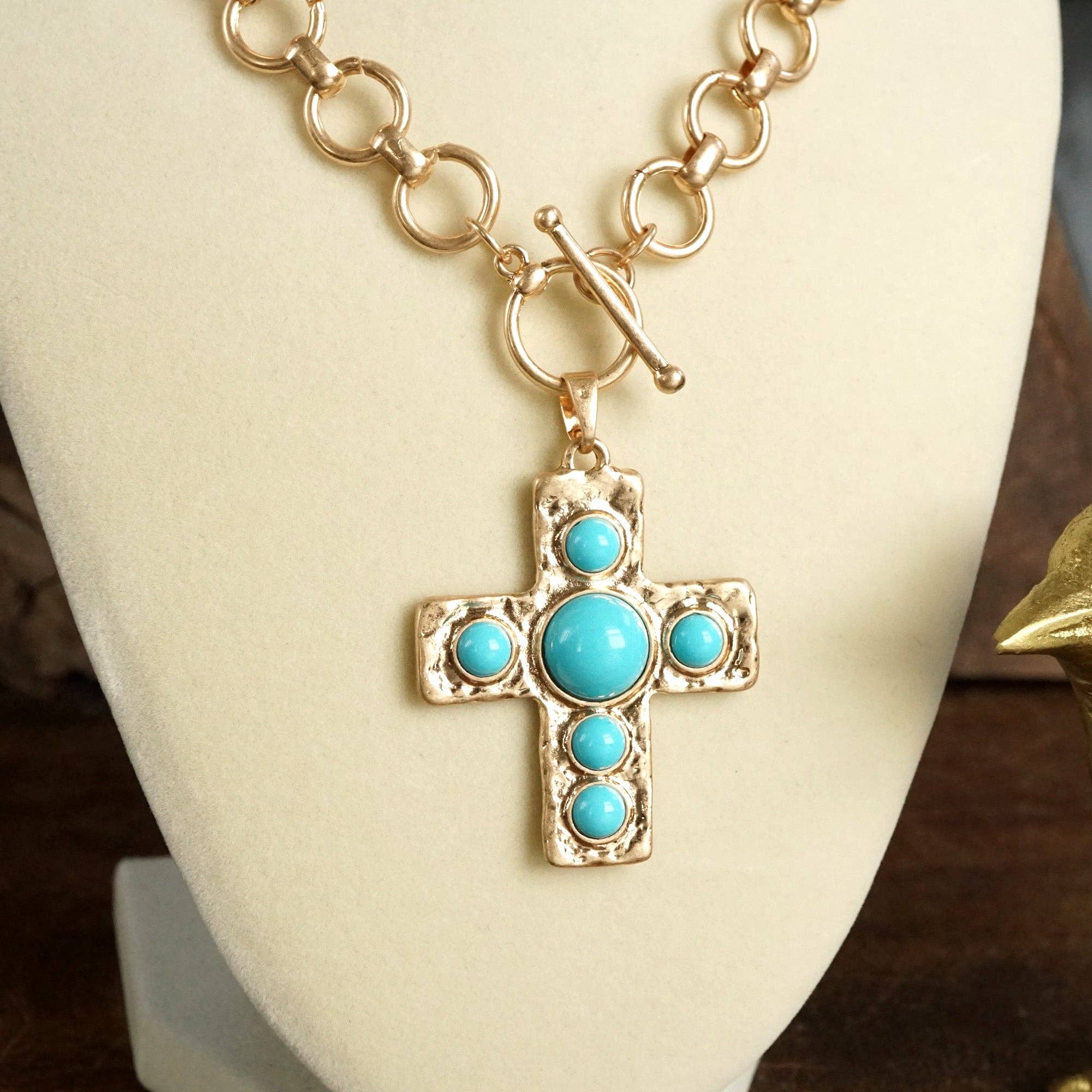 PennyLine inc - Wholesale Pendant/Charm Necklace - Primitive Cross Necklace – Worn Gold Tone with Acrylic Turquoise or Pearl Cabochons0