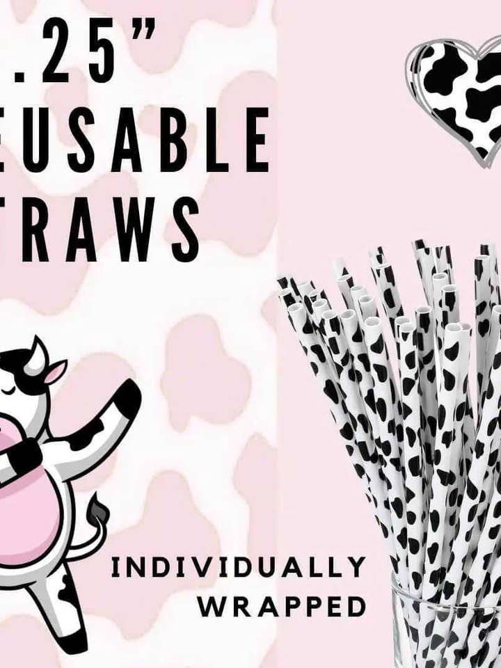 Cow Print 10.25" Long Printed Plastic Straws ~ IND WRAPPED for wholesale by Sip Sleeves ~ Insulated Cup Sleeves and Drink Accessories
