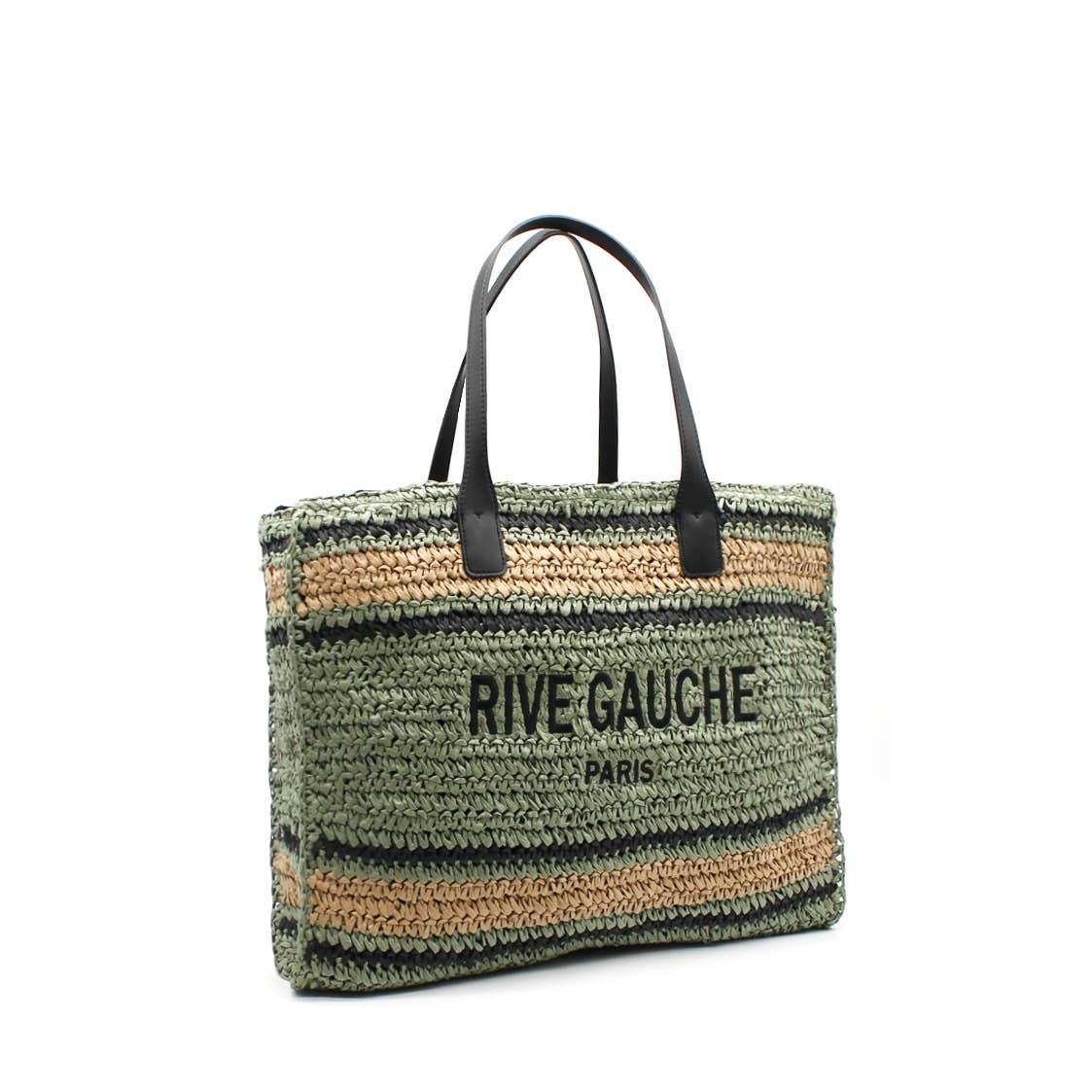 Vimoda – wholesale Strandväska – Virkad randig toteväska med broderad text RIVE GAUCHE1