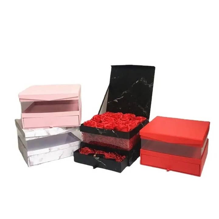 Elegant Design Supply - Wholesale Gift Box - Square PVC Flower Gift Box with Clamshell Lid and Drawer2