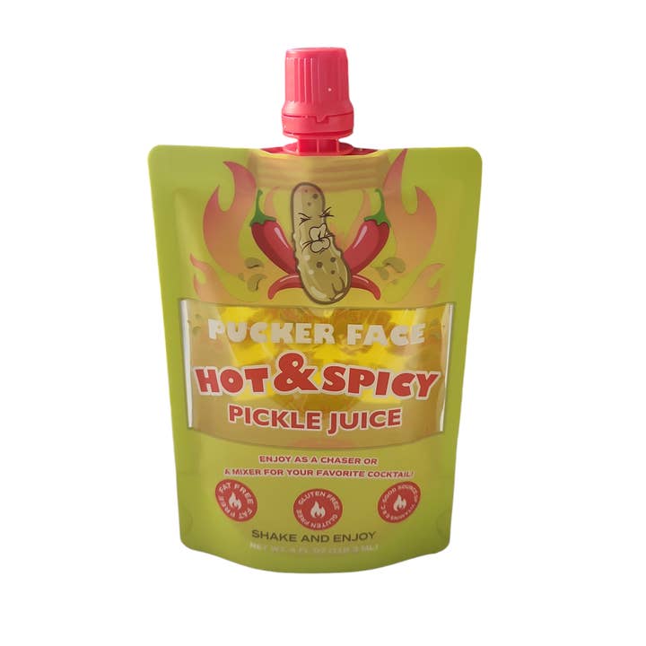 Pucker Face Hot & Spicy Pickle Juice 4 OZ 10 CT CADDIE BOX for wholesale by PUCKER FACE